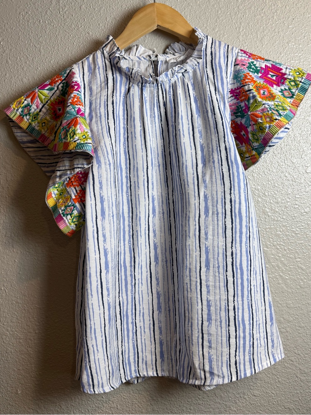 THML White and Blue Stripe Dress with Colorful Embroidered Flutter Sleeves SizeS